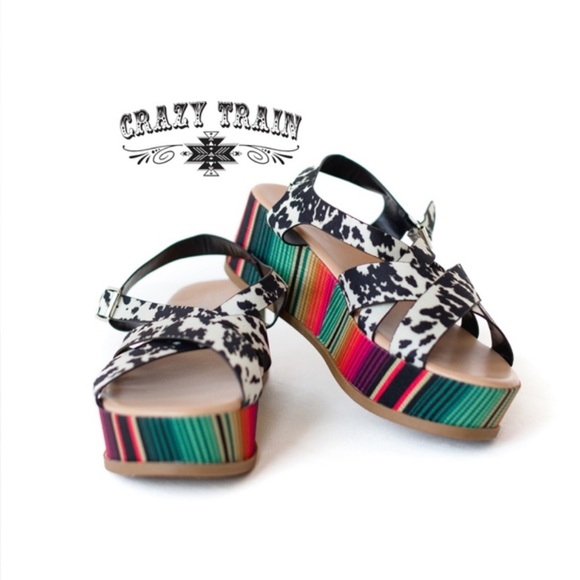 {NEW} Crazy Train Cow Print Serape Wedge Sandals